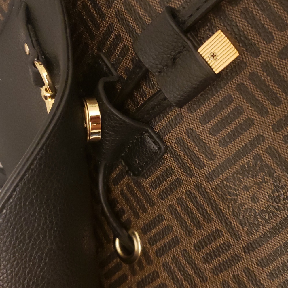 Anne Klein Elegant Black and Brown Mini Backpack Gold Drawstring Snap Closure - Picture 4 of 17